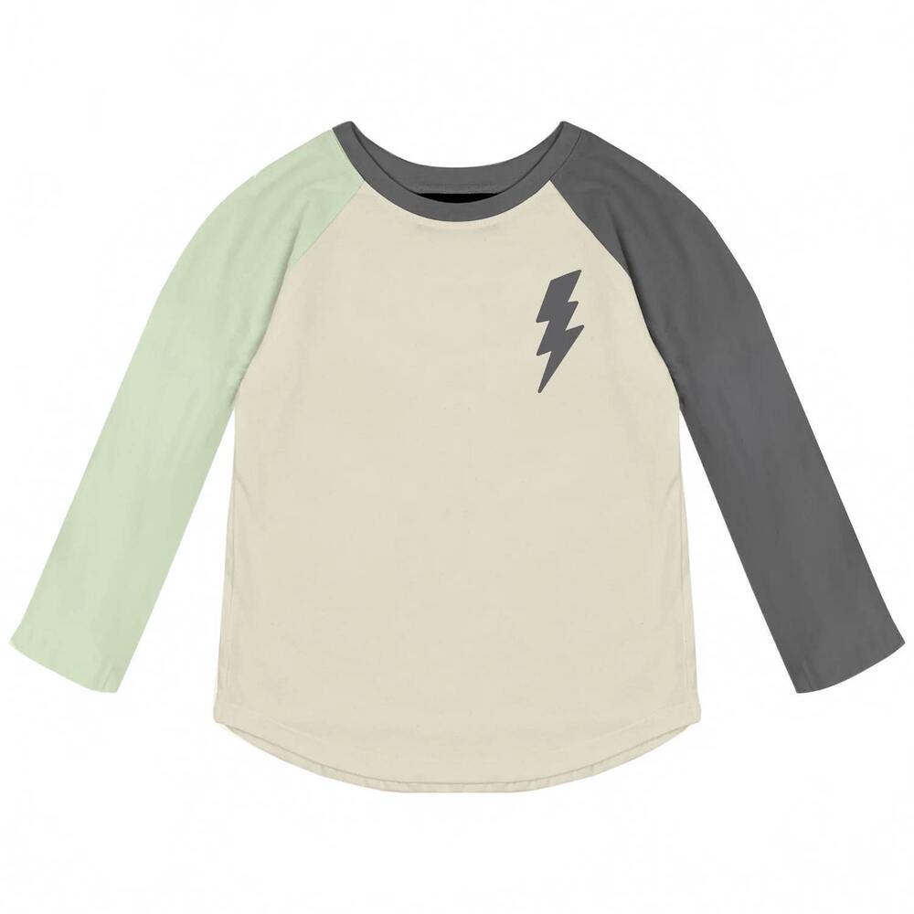 NEW TINY WHALES boys bolt raglan tee in natural/vintage black/seafoam